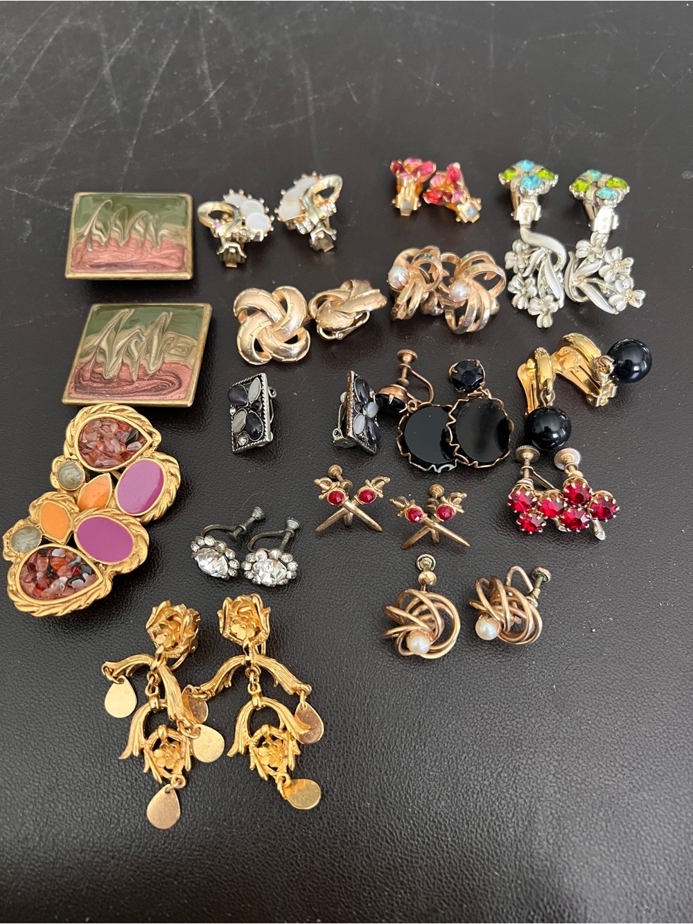 16 Pairs Of Vintage Clip On Earrings Glass Rhinestone Faux Pearl Statement